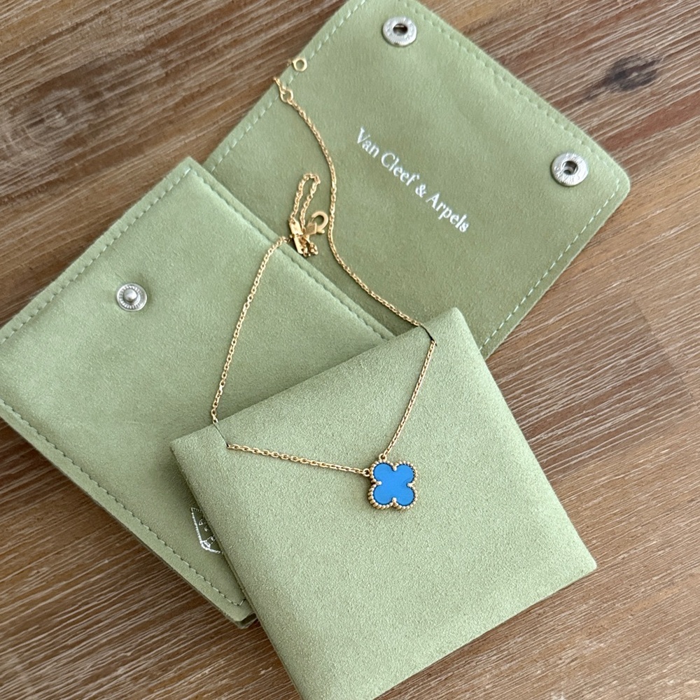 Van Cleef & Arpels Gold Necklace with Blue Clover Pendant